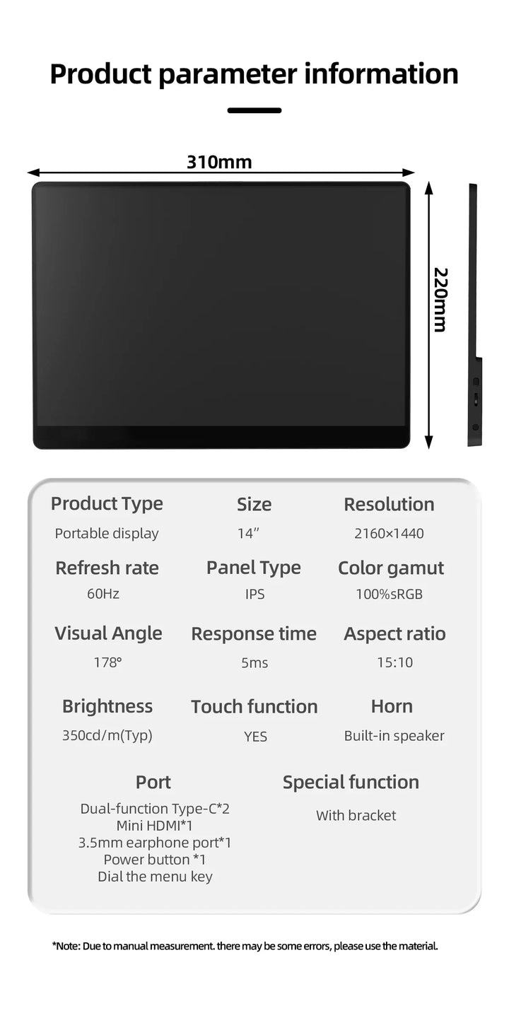 2K 14 Inch Portable Monitor 60Hz HDR Lightweight Travel