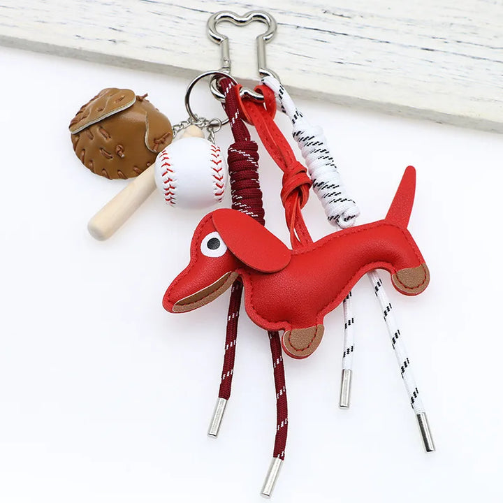 Dachshund Pu Leather Bag Charm Baseball Keychain Gift