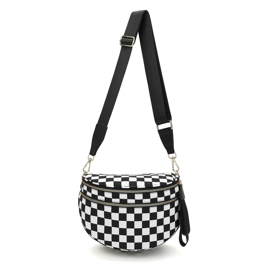 Versatile unisex crossbody bum bag – checkered nylon, box shape, travel and daily use