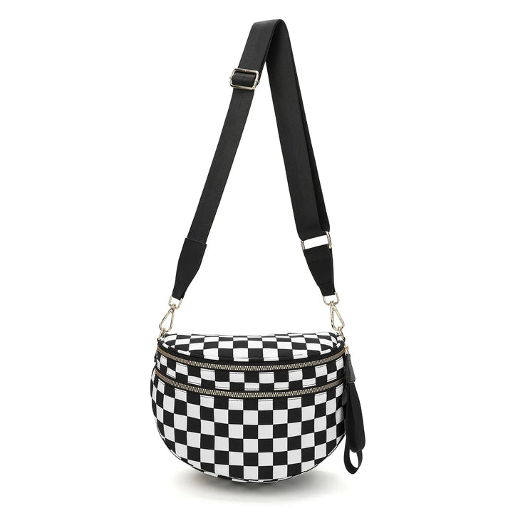 Versatile unisex crossbody bum bag – checkered nylon, box shape, travel and daily use
