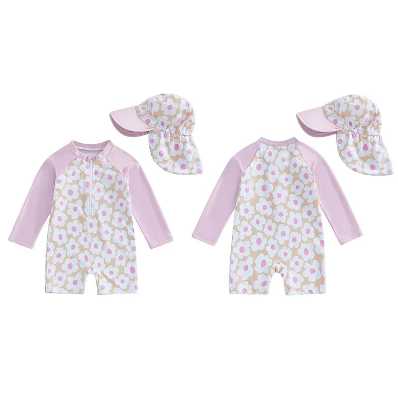 Lightweight Durable Toddler Girl Rash Guard Swimsuit - Long Sleeve Floral Flamingo Print, Polyester Elastane, Beachwear