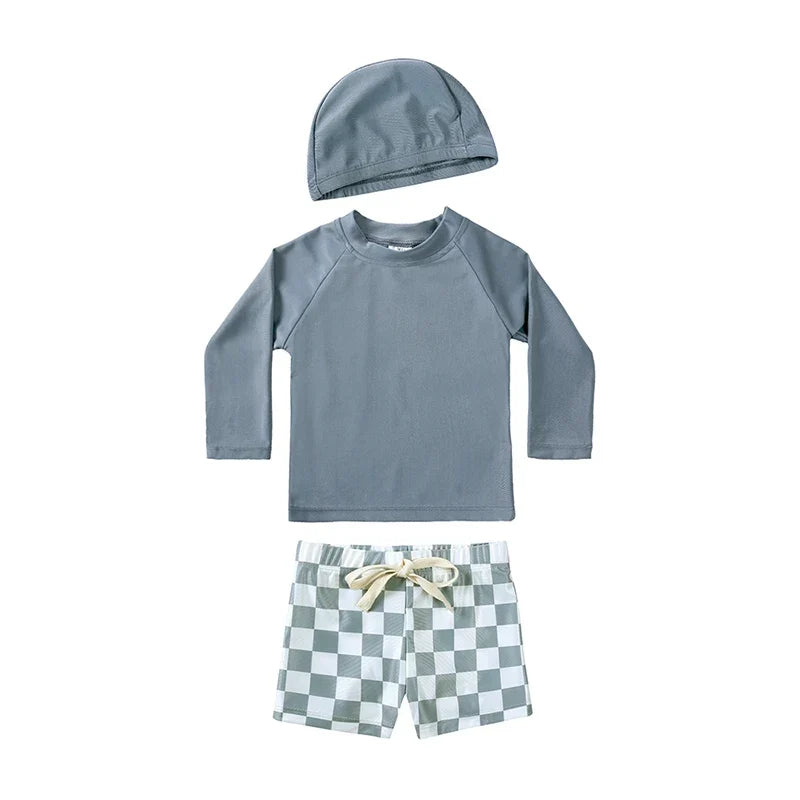 Breathable Kids Rash Guard Swim Set – Long-Sleeve Top, Swim Pants, Hat, Polyester Elastane, Beach Vacation