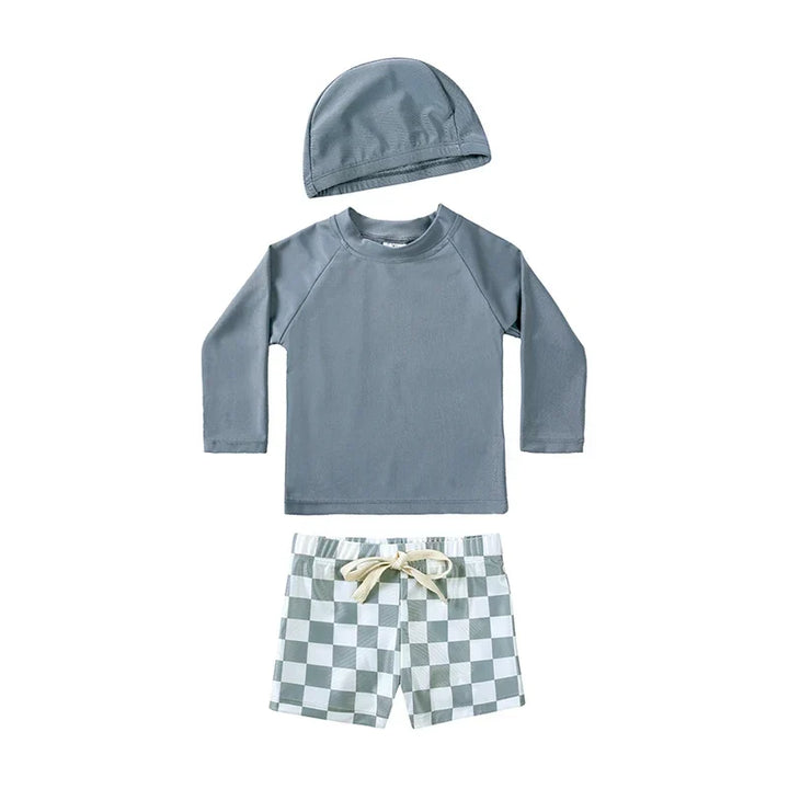 Breathable Kids Rash Guard Swim Set – Long-Sleeve Top, Swim Pants, Hat, Polyester Elastane, Beach Vacation