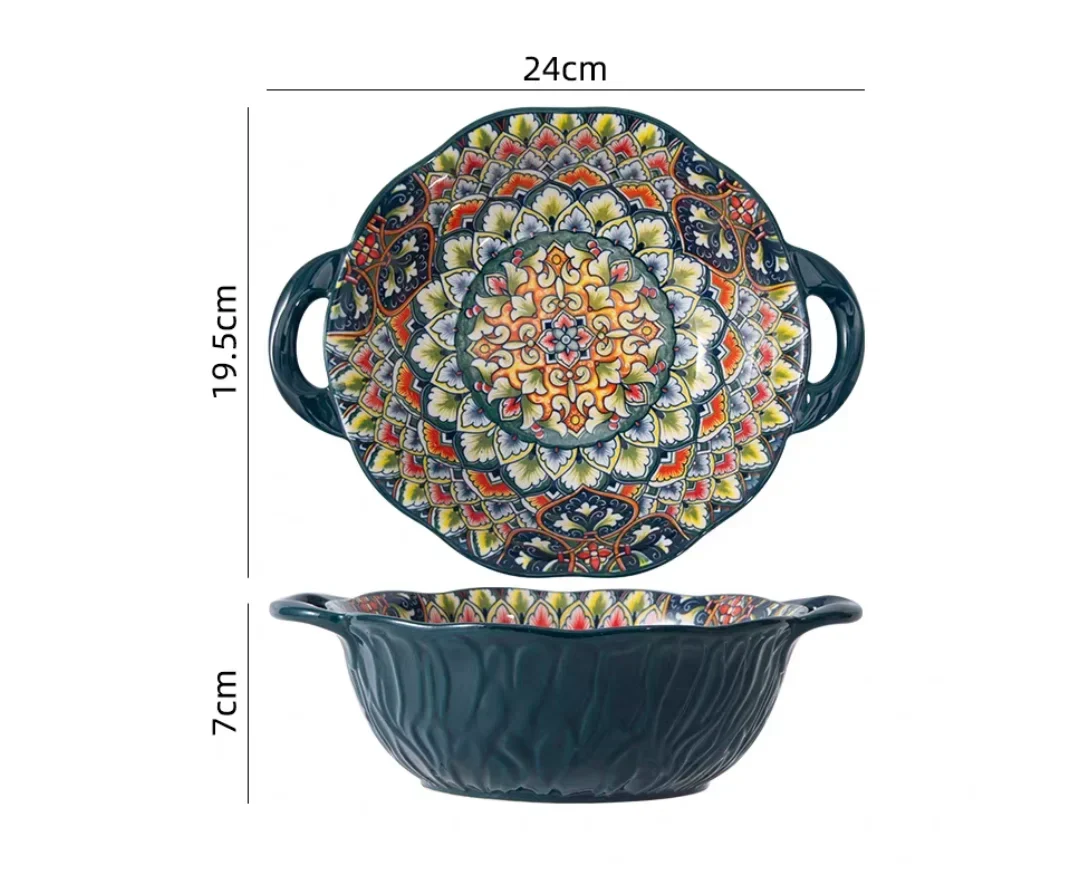 Ceramic Soup Bowl Bohemian Handle Embossed Microwave