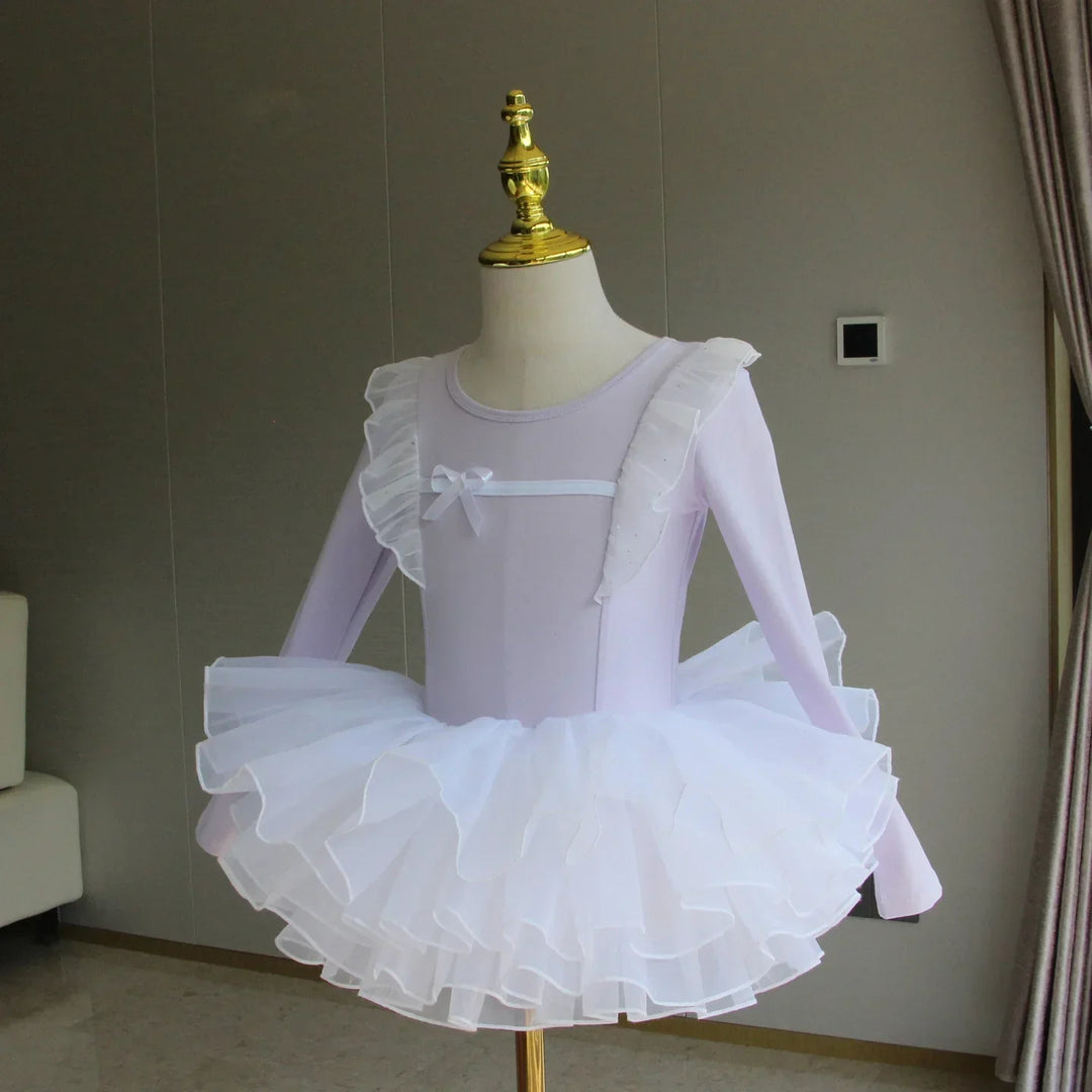 Lightweight girls ballet leotard set - puff-sleeve top, tulle tutu skirt, polyester, for dance class