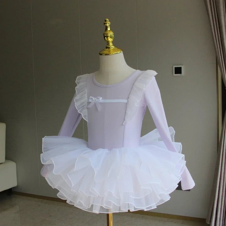 Lightweight girls ballet leotard set - puff-sleeve top, tulle tutu skirt, polyester, for dance class