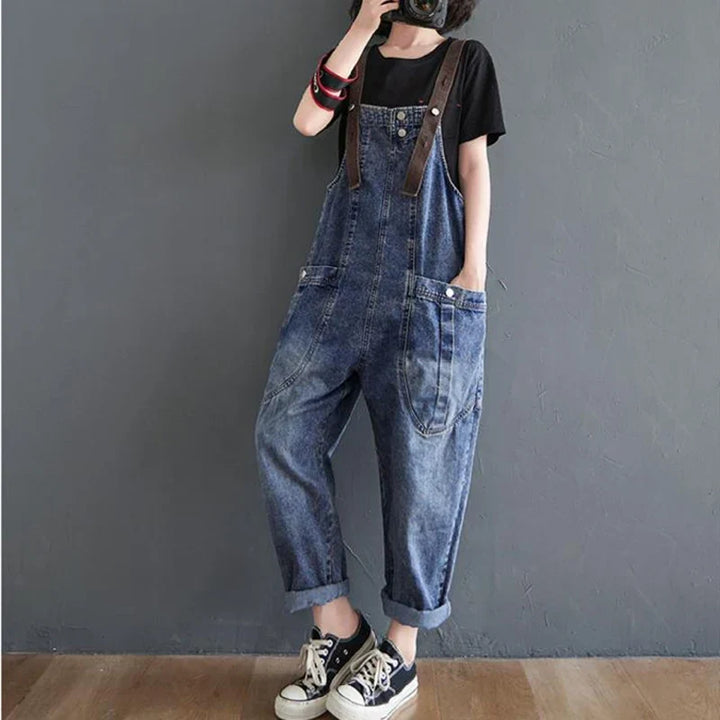 Vintage Big Pocket Suspender Jeans Pants - Women&