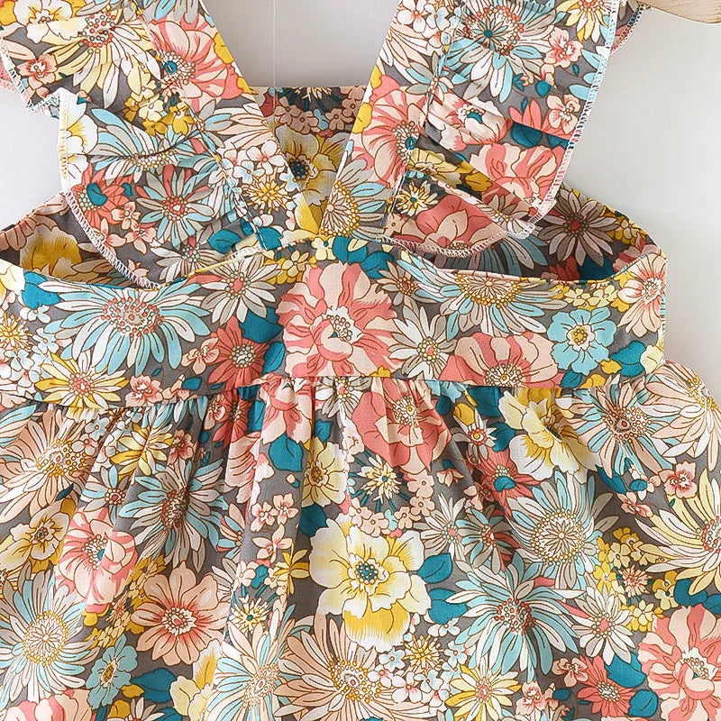 Soft Baby Girl Dress - Classic Floral Flutter Sleeves, Polyester, With Crossbody Bag, For Ages 0-3