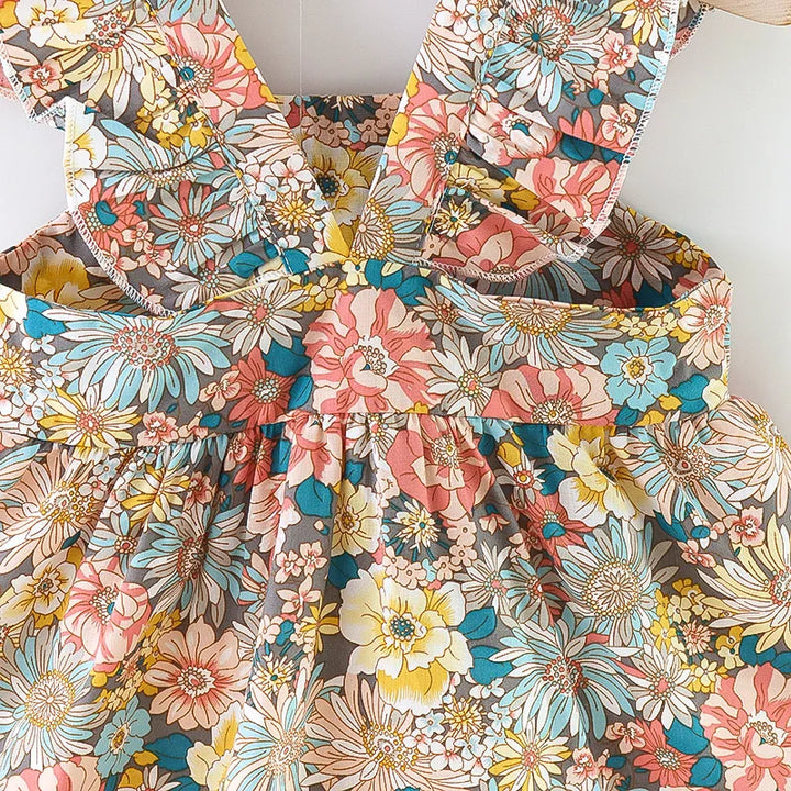 Soft Cozy Baby Girl Dress - Floral Flutter Sleeve, Polyester, For Summer Outings And Playtime