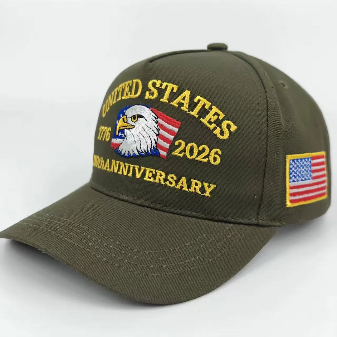 Breathable unisex baseball cap - Eagle-embroidered, flag-patch, six-panel curved-brim, cotton crown, 250th anniversary