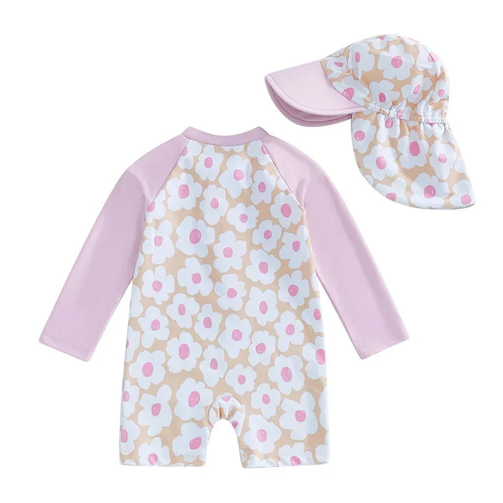 Lightweight Durable Toddler Girl Rash Guard Swimsuit - Long Sleeve Floral Flamingo Print, Polyester Elastane, Beachwear