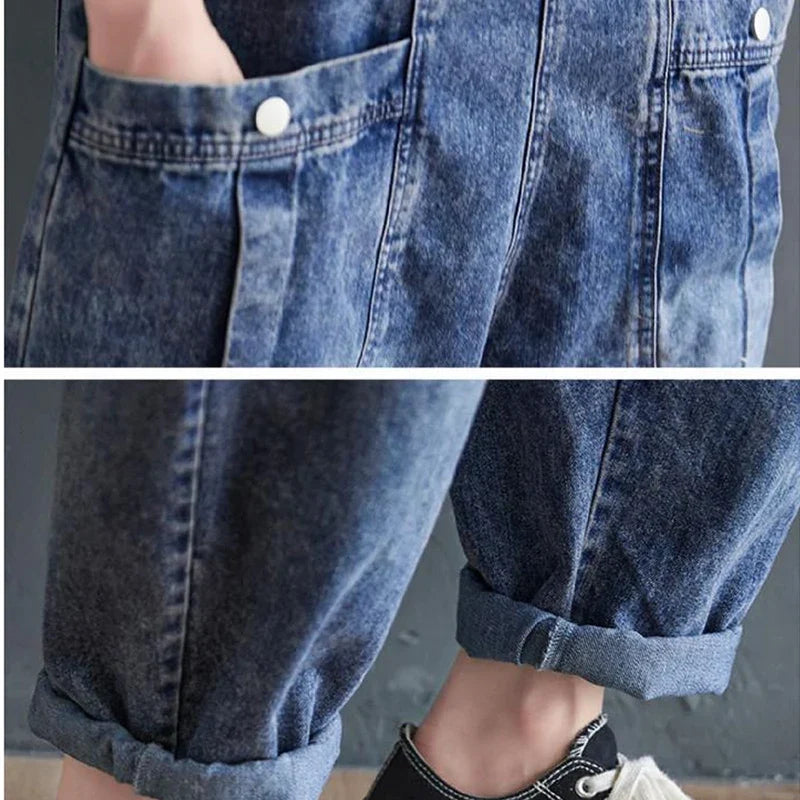 Vintage Big Pocket Suspender Jeans Pants - Women&