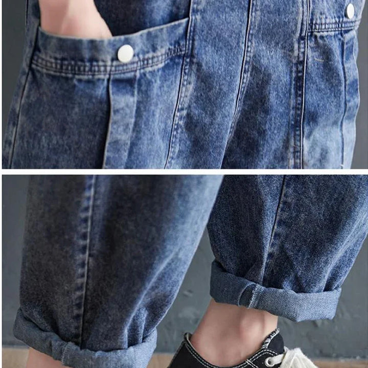 Vintage Big Pocket Suspender Jeans Pants - Women&