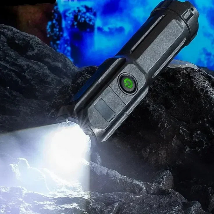 Telescopic Zoom Tactical Flashlight - Rechargeable LED Torch, 4 Lighting Modes, Waterproof for Camping and Fishing