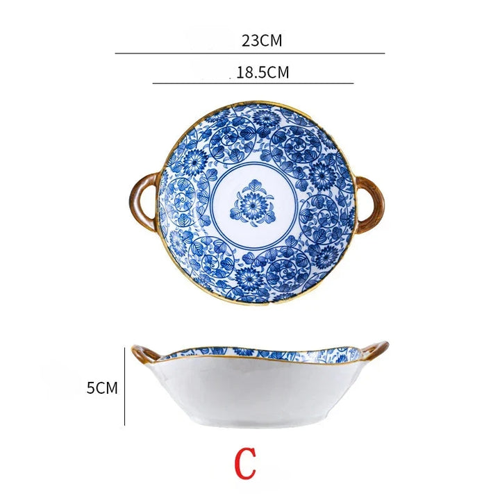 7.5 Inch Japanese Ceramic Noodle Bowl With Handles Blue