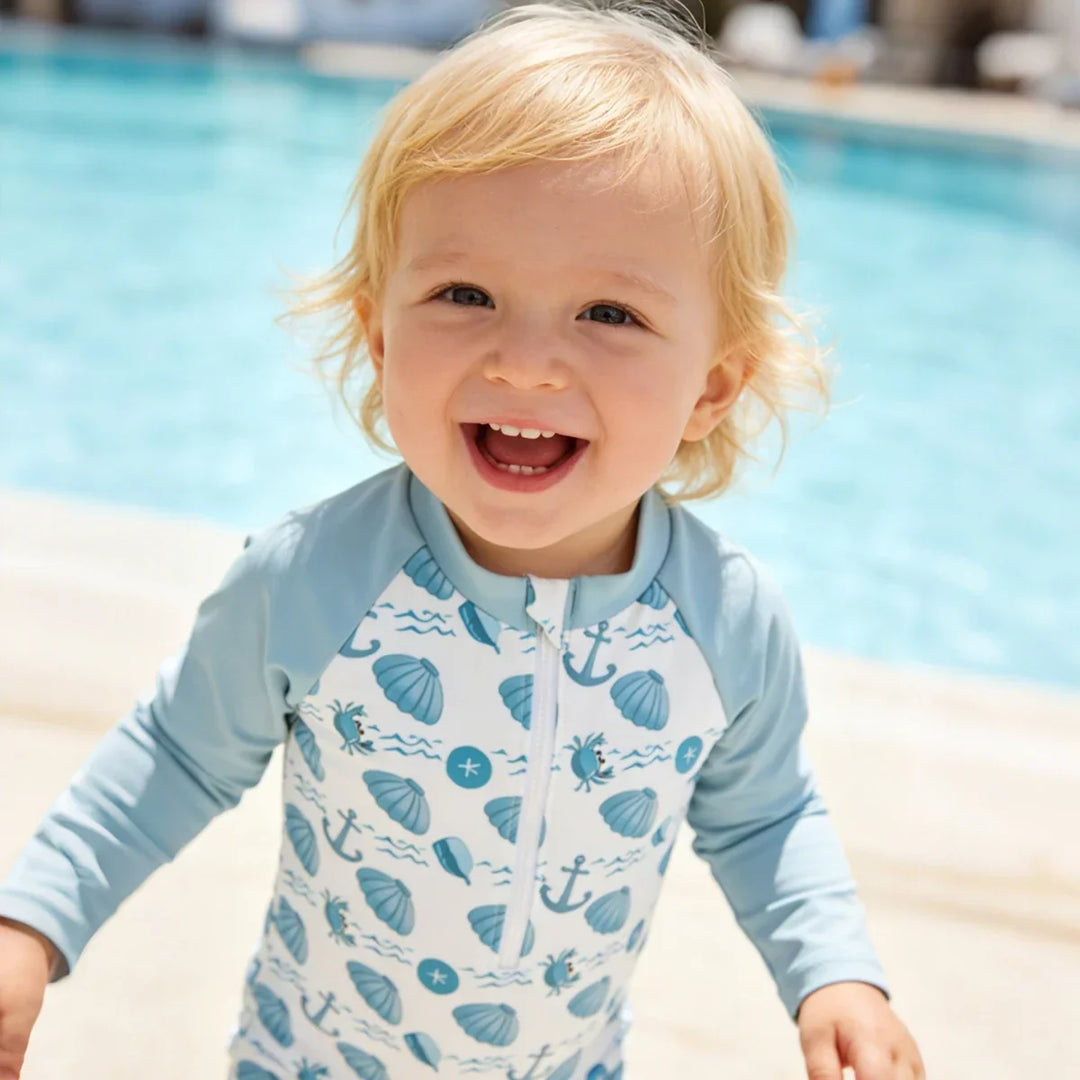 Soft Unisex Baby One-Piece Swimsuit - Zip-Front, Long-Sleeve, Print Pattern, Polyester, Summer Beachwear