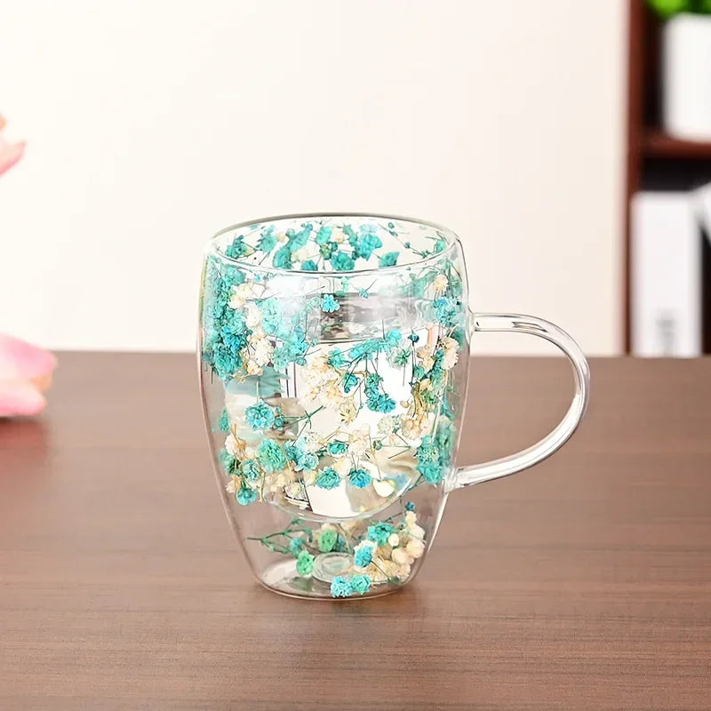 Double Wall Glass Cup with Handle Dried Flower Decorated Ins Style Mug 300ML