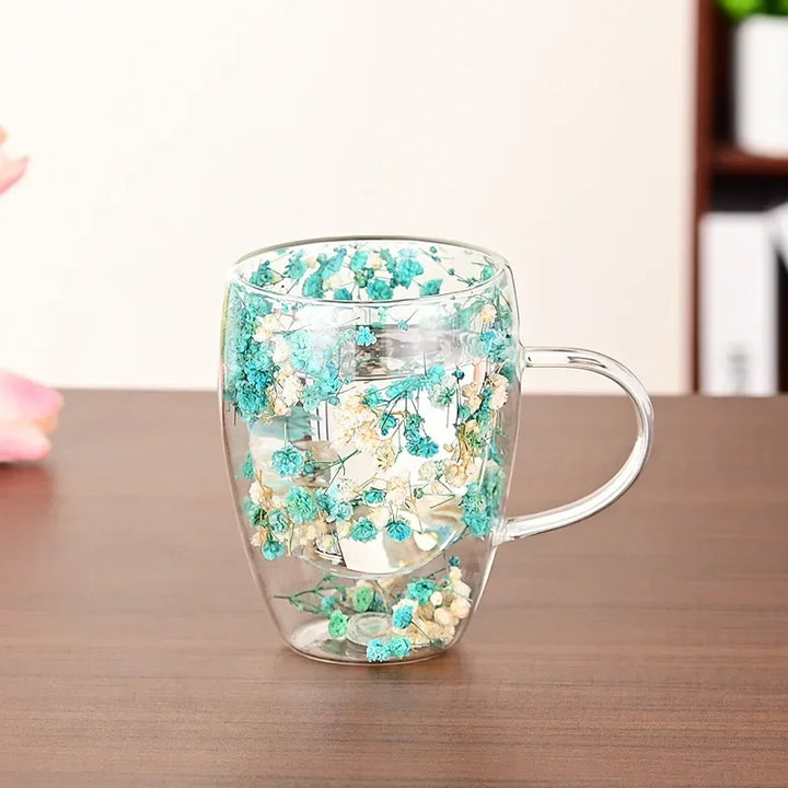 Double Wall Glass Cup with Handle Dried Flower Decorated Ins Style Mug 300ML