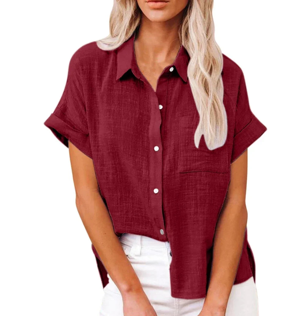 Linen Shirt Short Sleeve Casual Loose Fit Blouse Fresh Sweet Style Polyester Fabric