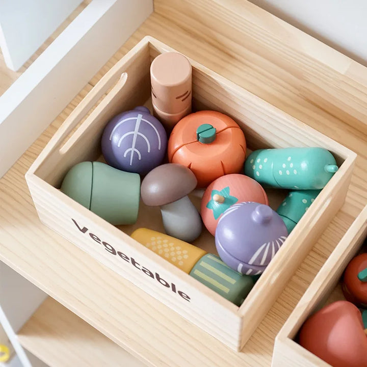 Wooden Kids Kitchen Playset with Cutting Food Accessories - Fruits, Vegetables &amp; Bakery Toys