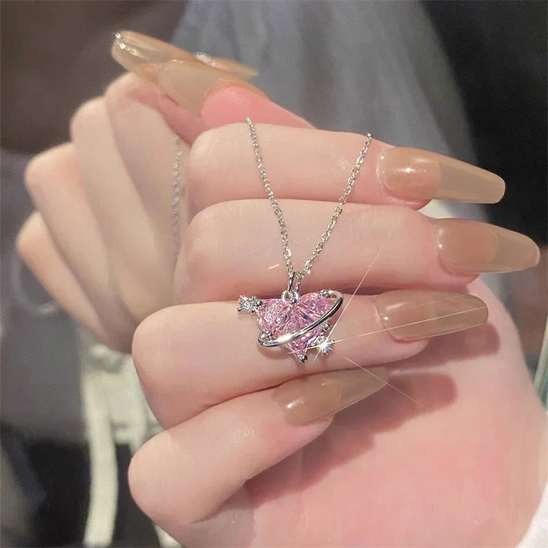 Zircon Pendant Necklace Pink Planet Heart Valentines Day Gift 2026 Aesthetic jewellery