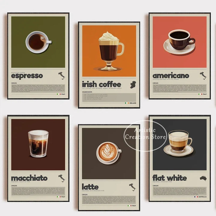 Coffee Wall Art Six Panel Minimalist Kitchen Cafe Decor