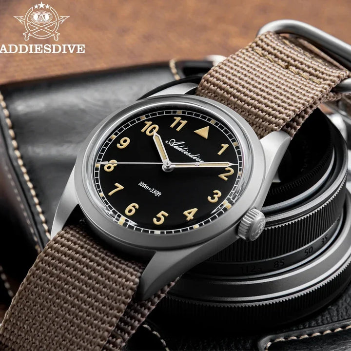 Waterproof Diver Quartz Watch Luminous Hands, Nylon Strap, 100m Water Resistance