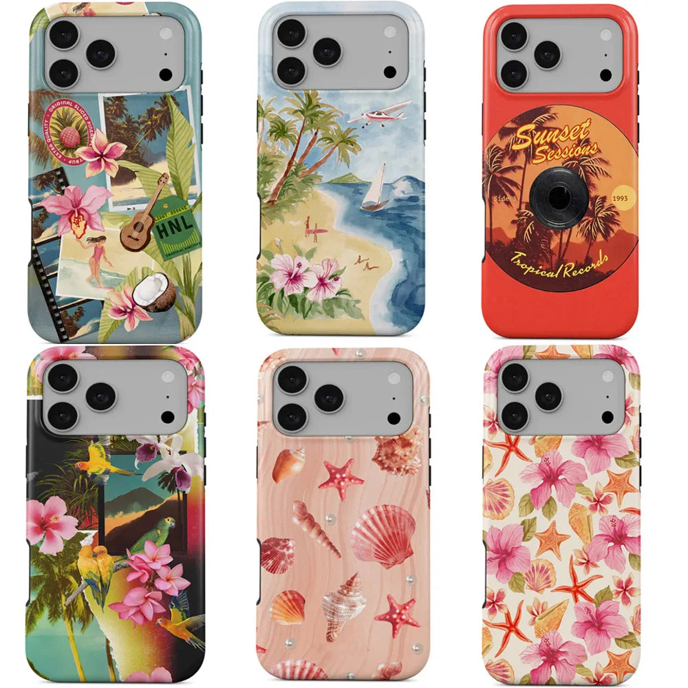 Tropical Ocean Double-Layer iPhone Case - PC TPU Cartoon Design Washable Cover for iPhone 11 to 17