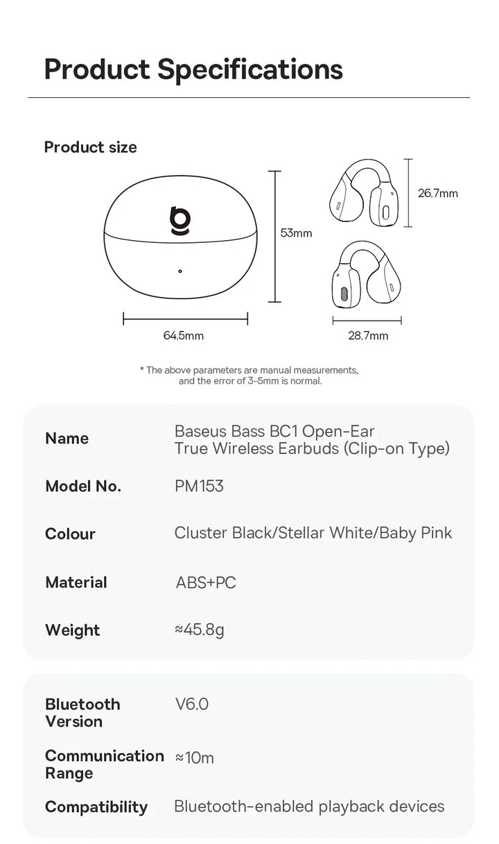 Baseus BC1 Open-Ear Clip Earbuds Bluetooth 6.0 – 4-Mic Noise Cancellation Super Bass IP55 Sports 2026