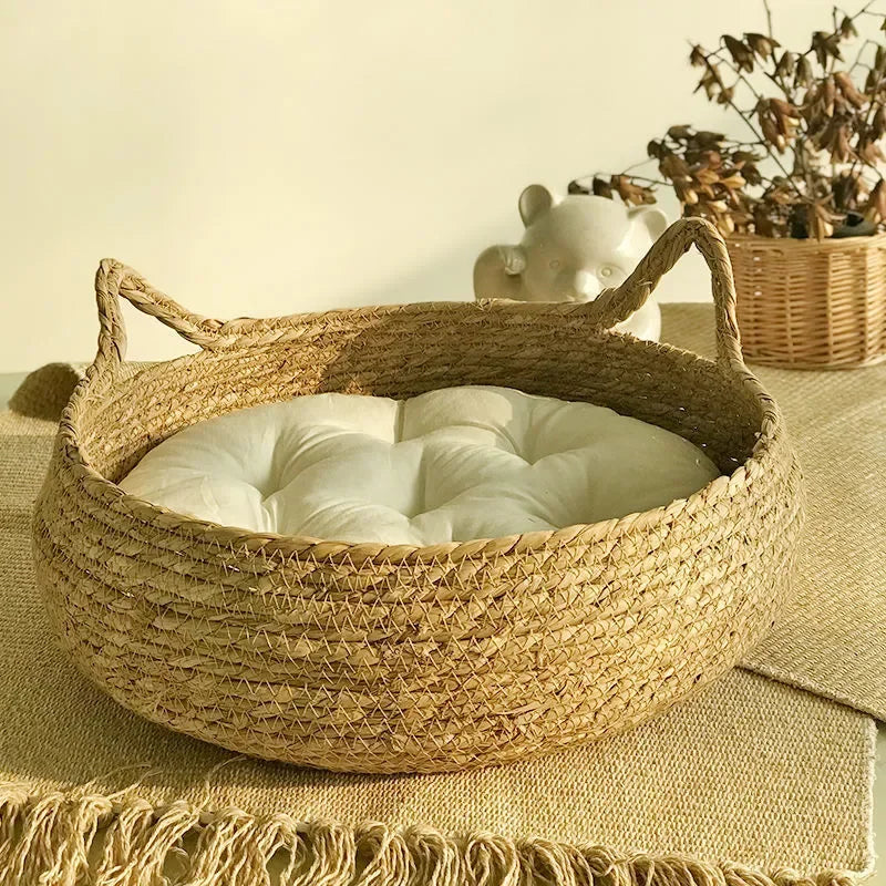 Handmade Vine Woven Cat Nest - Detachable Washable Winter Warmth Pad for Pet Supplies