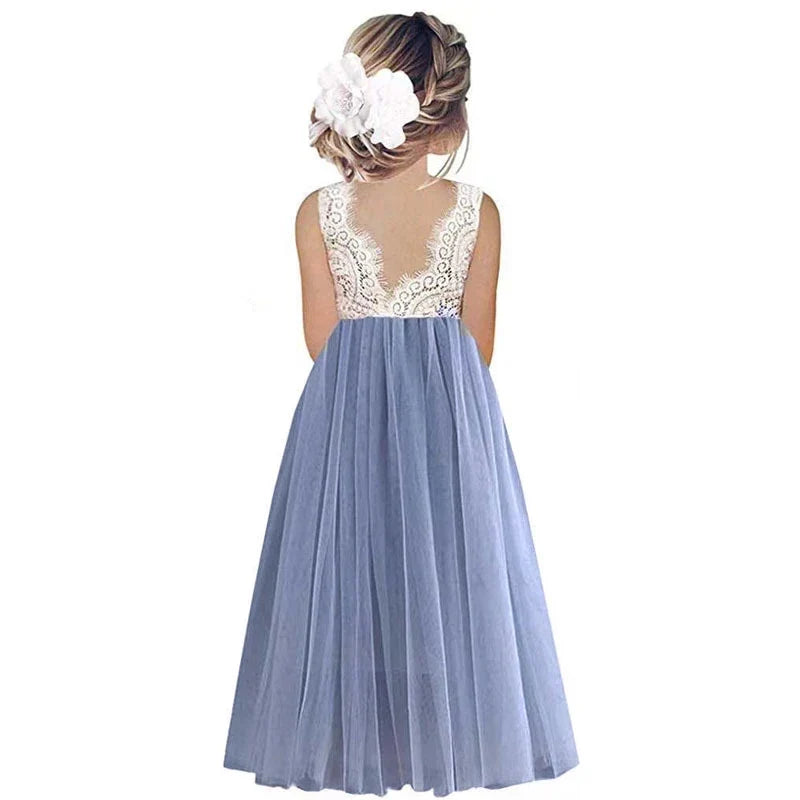 Lightweight Girls’ Flower Girl Dress - Lace Bodice, Flowing Tulle Skirt, Polyester, For Wedding