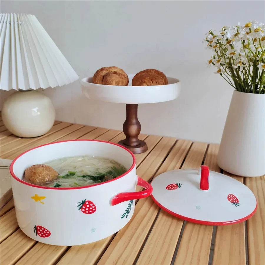 Ceramic 1000ml Covered Noodle Bowl Microwave Safe With Lid