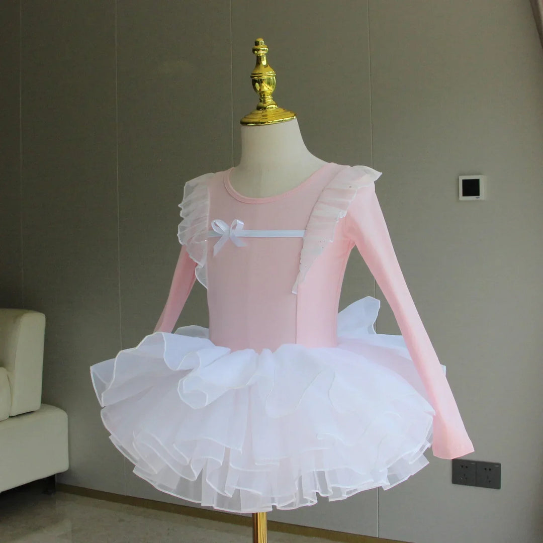 Lightweight girls ballet leotard set - puff-sleeve top, tulle tutu skirt, polyester, for dance class
