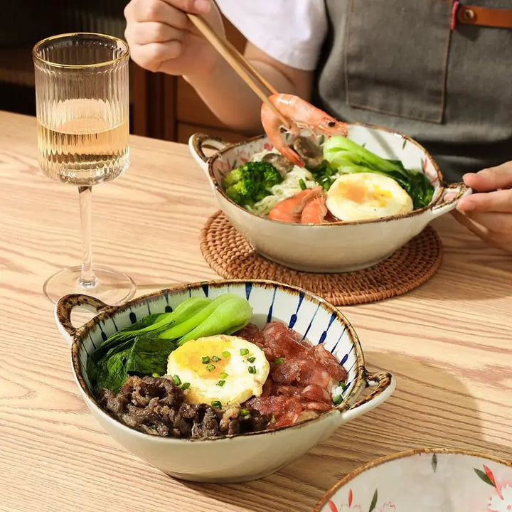 Ceramic 7.5 Inch Noodle Bowl With Handles Floral Porcelain