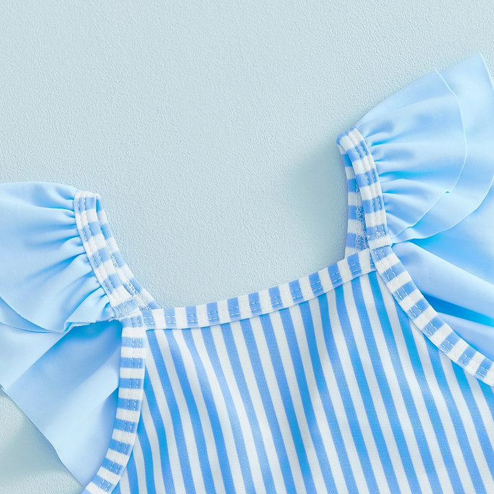 Breathable Baby Girls Swim Romper - Striped Print, Flutter Sleeves, Polyester-Elastane Blend, For Pool and Beach