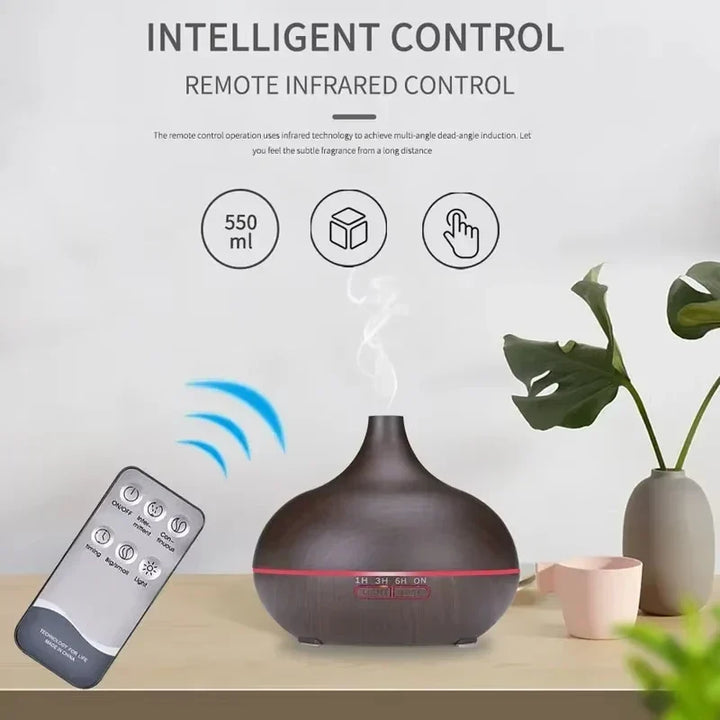 Air Humidifier Aromatherapy Essential Oil Diffuser 500ml Wood Grain Remote Control with 7 colour Lights for Home