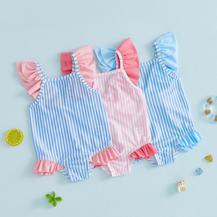 Breathable Baby Girls Swim Romper - Striped Print, Flutter Sleeves, Polyester-Elastane Blend, For Pool and Beach