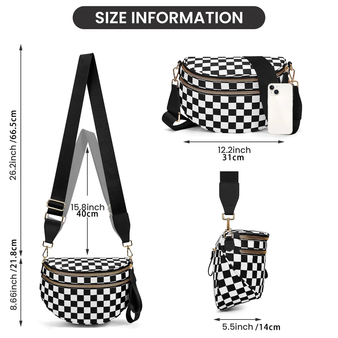 Versatile unisex crossbody bum bag – checkered nylon, box shape, travel and daily use