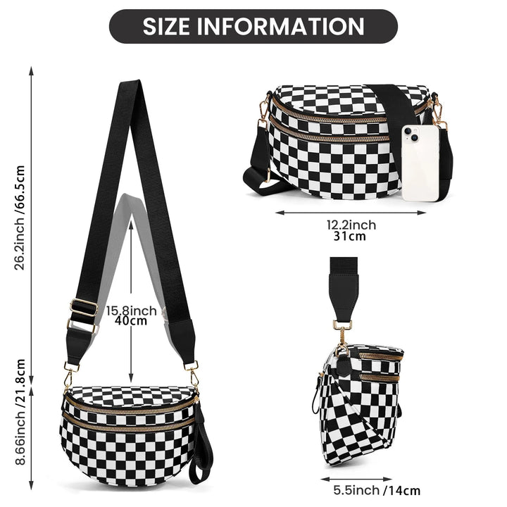 Versatile unisex crossbody bum bag – checkered nylon, box shape, travel and daily use