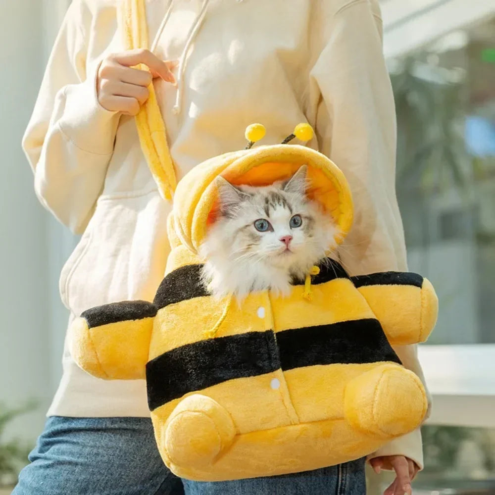 Cute Pet Carrier Bag - Soft Warm Carrier for Cats, Autumn &amp; Winter Outings, Cozy Bee House Toy, Pet Clothes