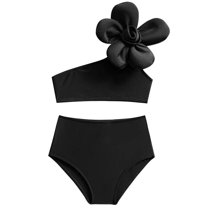 Lightweight girls’ bikini swimsuit set – durable one-shoulder flower top, cotton-polyester, for beach days