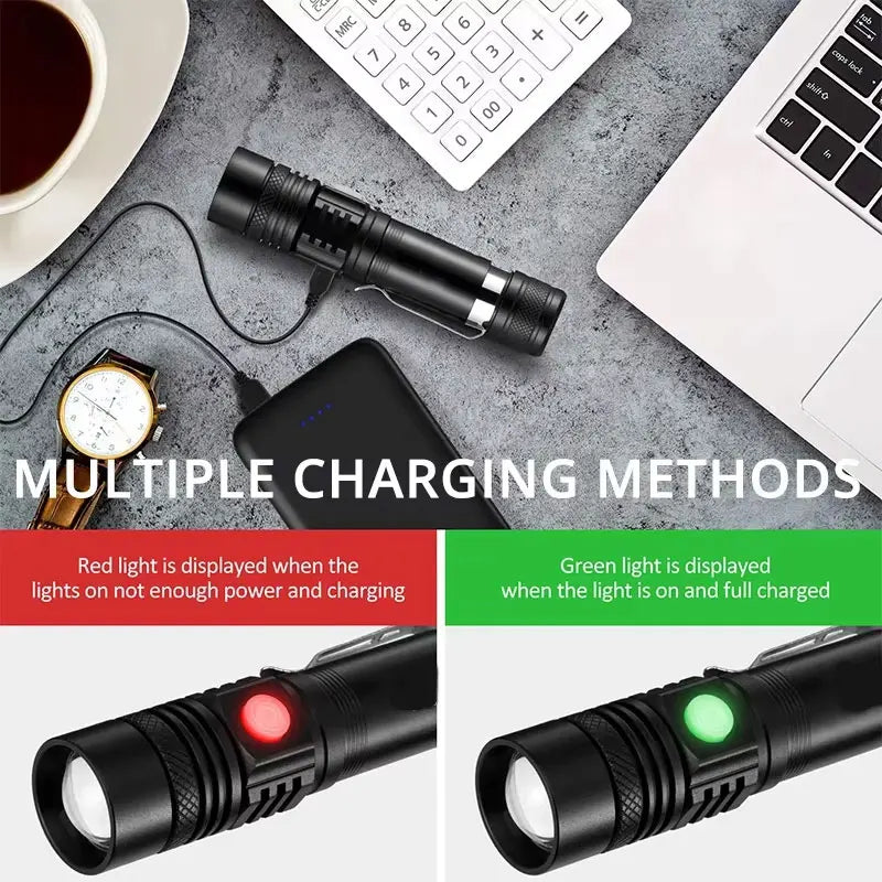 High Power LED Flashlights Zoomable Camping Torch with T6 LED, Waterproof, 4 Lighting Modes, USB Charger, Outdoor Emergency Light