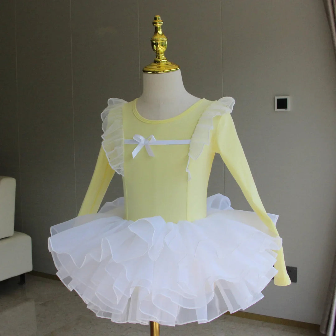 Lightweight girls ballet leotard set - puff-sleeve top, tulle tutu skirt, polyester, for dance class