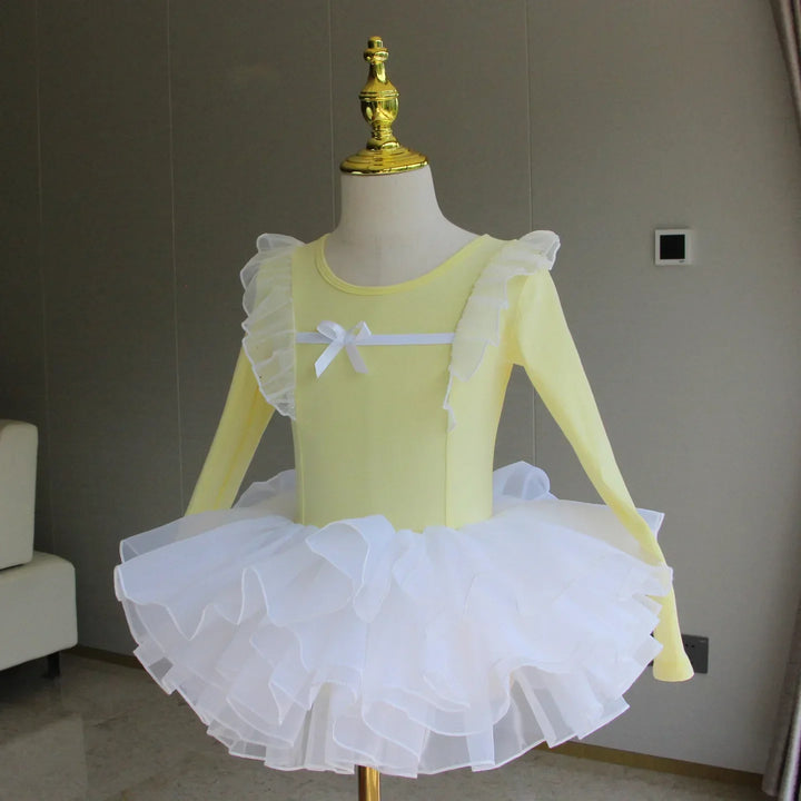 Lightweight girls ballet leotard set - puff-sleeve top, tulle tutu skirt, polyester, for dance class