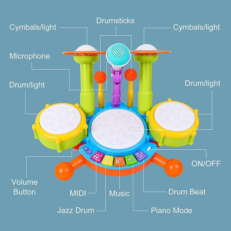 Kids Drum Set for Toddlers 1-3 with Microphone, Musical Educational Instrument Toys for Girls, Learning Activity Gifts
