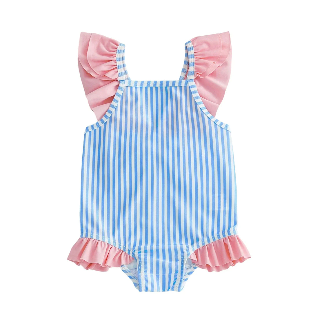 Breathable Baby Girls Swim Romper - Striped Print, Flutter Sleeves, Polyester-Elastane Blend, For Pool and Beach