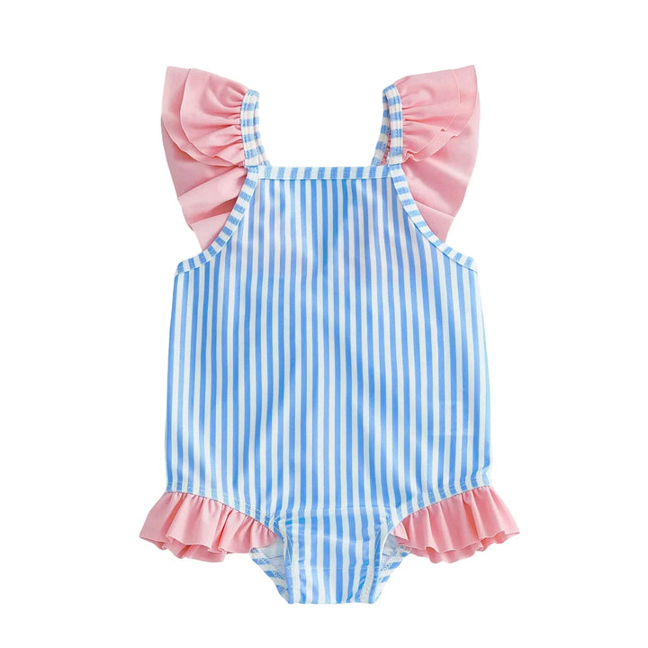 Breathable Baby Girls Swim Romper - Striped Print, Flutter Sleeves, Polyester-Elastane Blend, For Pool and Beach