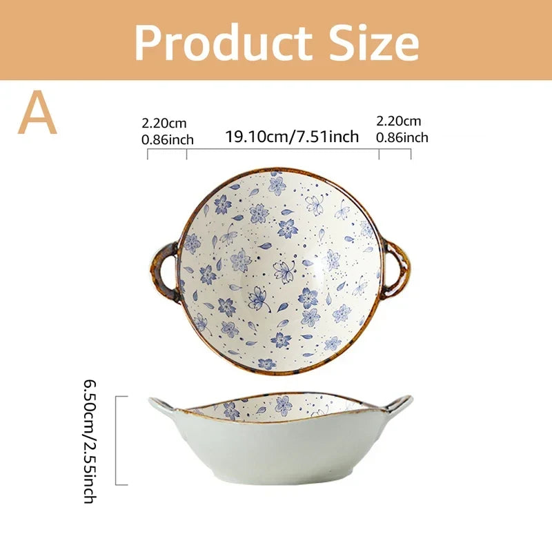 Ceramic 7.5 Inch Noodle Bowl With Handles Floral Porcelain