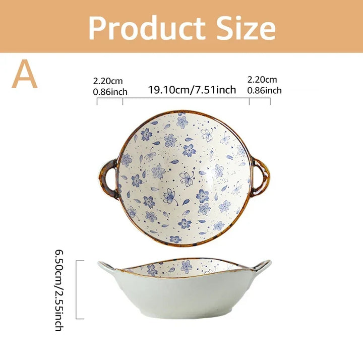 Ceramic 7.5 Inch Noodle Bowl With Handles Floral Porcelain