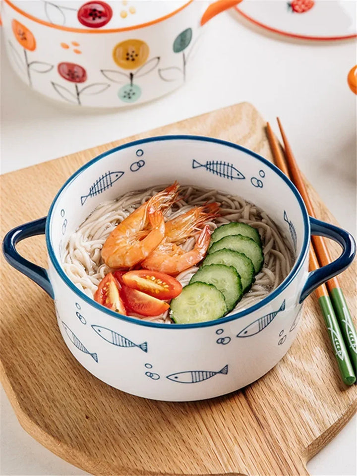 Ceramic 1000ml Covered Noodle Bowl Microwave Safe With Lid